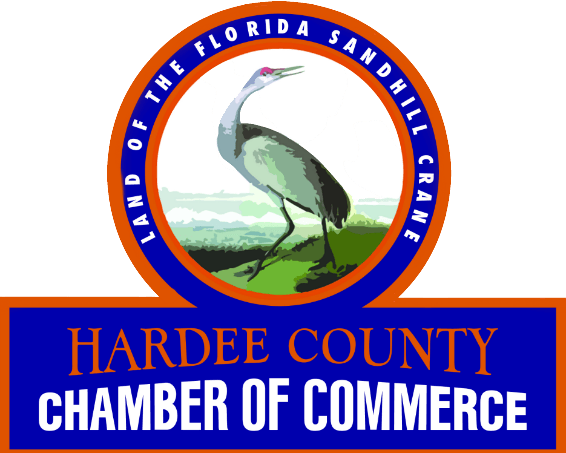 Logo for Hardee County Chamber of Commerce: A sandhill crane inside a blue and orange circular frame. Below, text reads