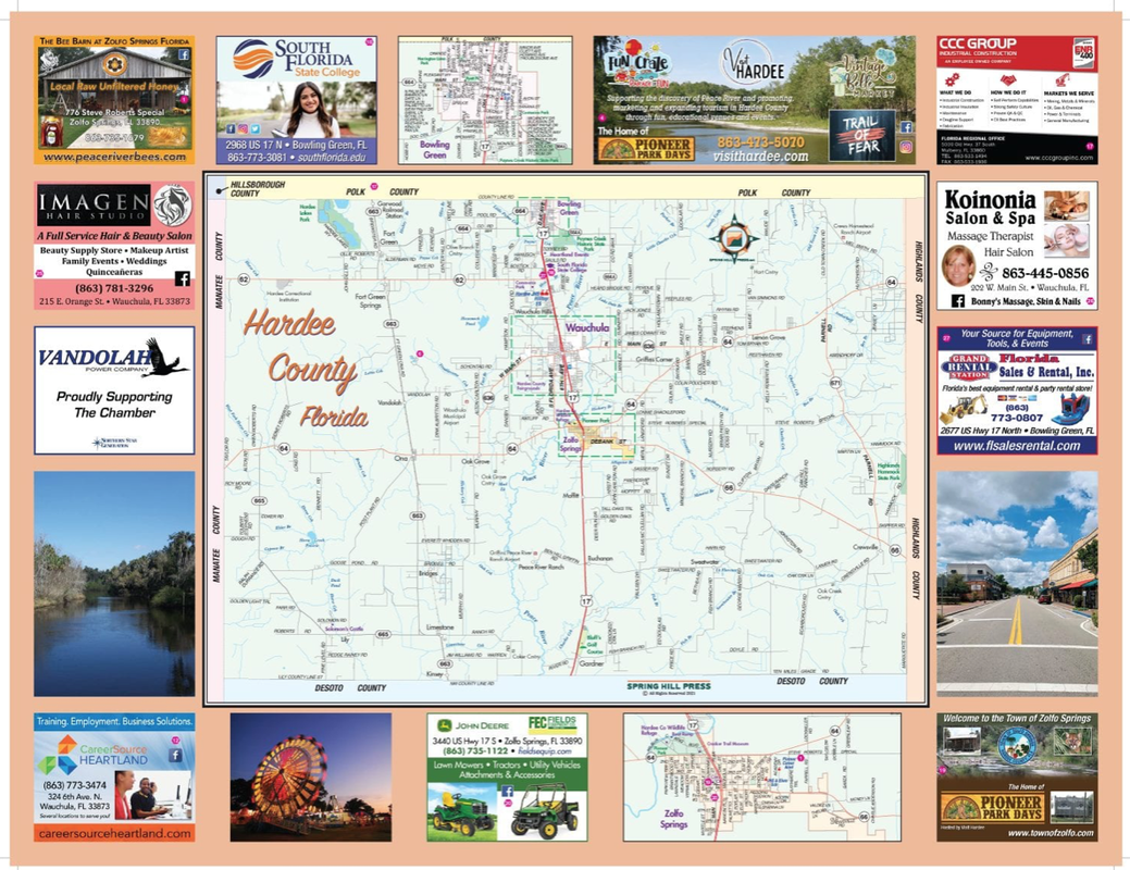 Map of Hardee County, Florida, surrounded by various advertisements and scenic photos.