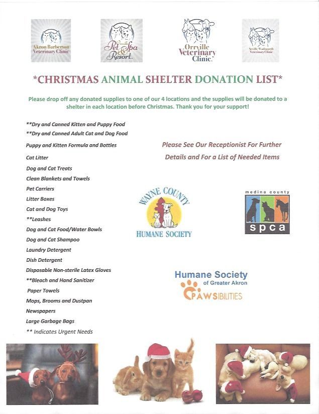 A donation list for animal shelters, with logos of various humane societies. The list asks for donations like pet food, toys, and cleaning supplies.