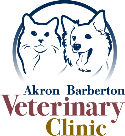 Logo for Akron Barberton Veterinary Clinic with a cat and dog in a blue circle above the text.