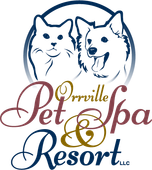 Logo for Orrville Pet Spa & Resort: a cat and dog inside a blue circle above text in maroon and gold.