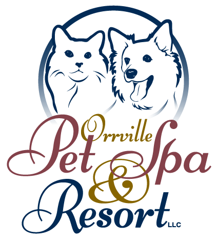 Logo for Orrville Pet Spa & Resort LLC, featuring a cat and dog inside a blue-lined circle, with text in maroon, gold, and dark blue.