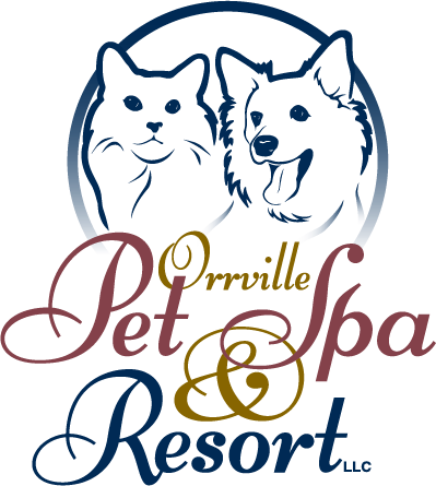 Logo for Orrville Pet Spa & Resort: a cat and dog inside a blue circle above text in maroon and gold.