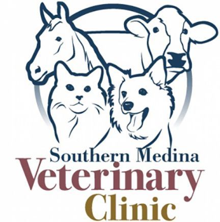 Logo for Southern Medina Veterinary Clinic with illustrations of a horse, cow, cat, and dog. Text is in brown and gold.
