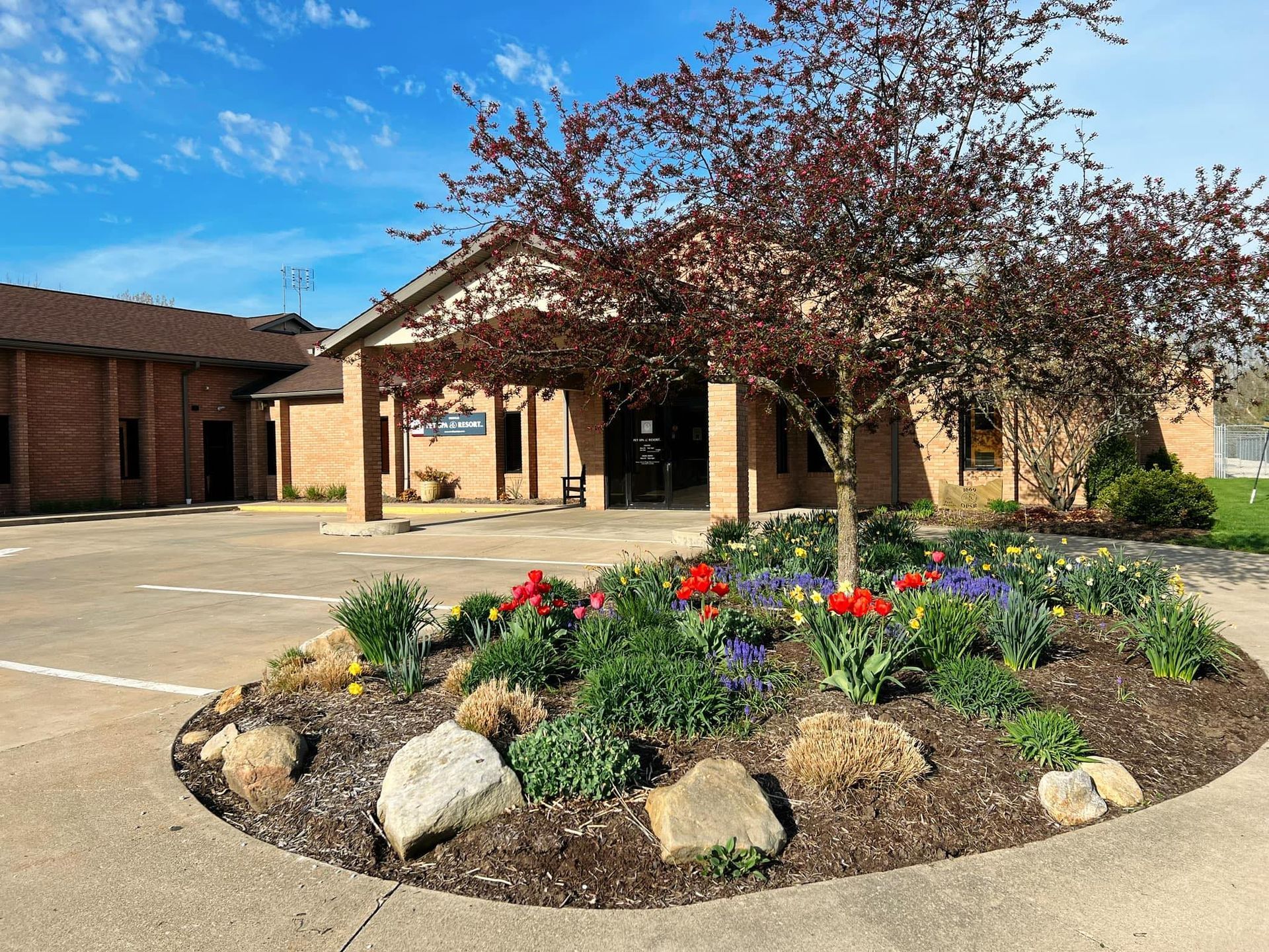 A brick building with a flower bed in front. The bed has red, yellow, and purple flowers and some rocks.