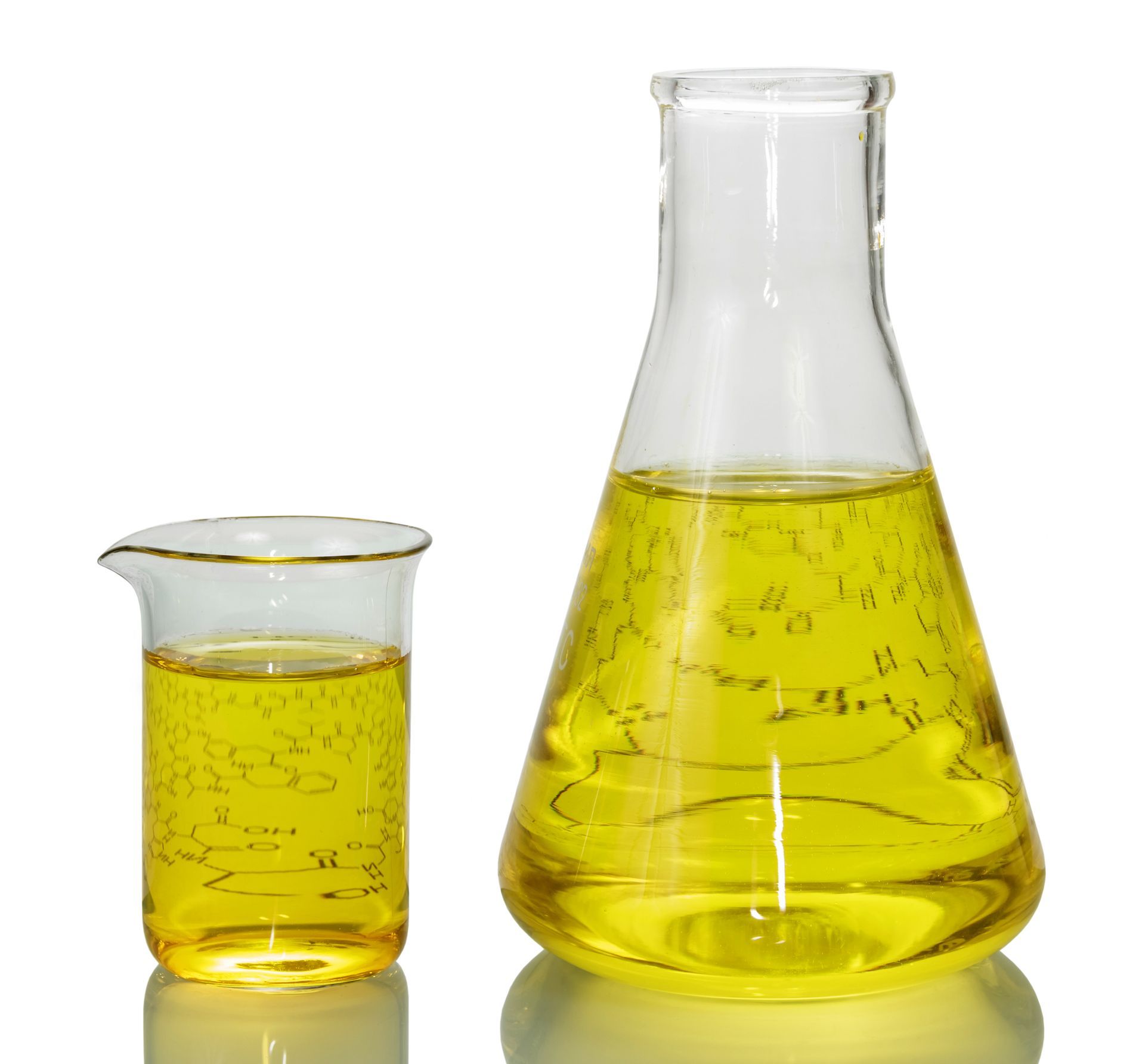 A beaker and a flask filled with methyl soyate / soy methyl ester
