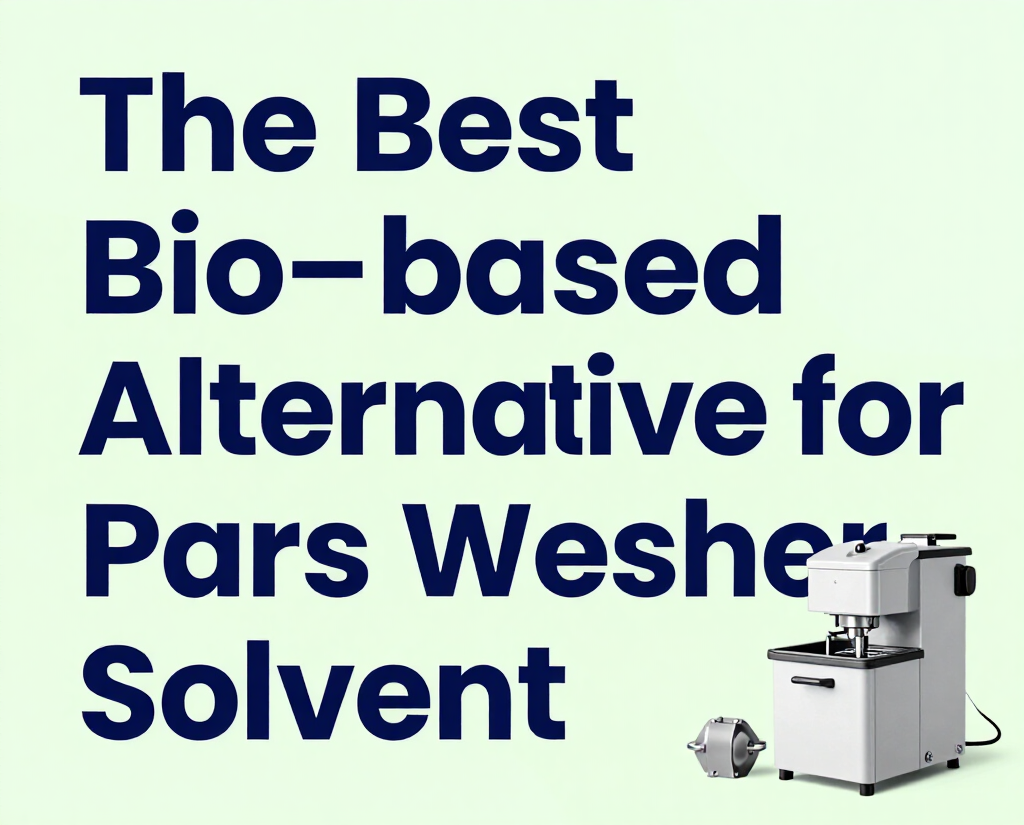Ad for bio-based pars washer solvent with bold navy text on pale green background and a small machine image