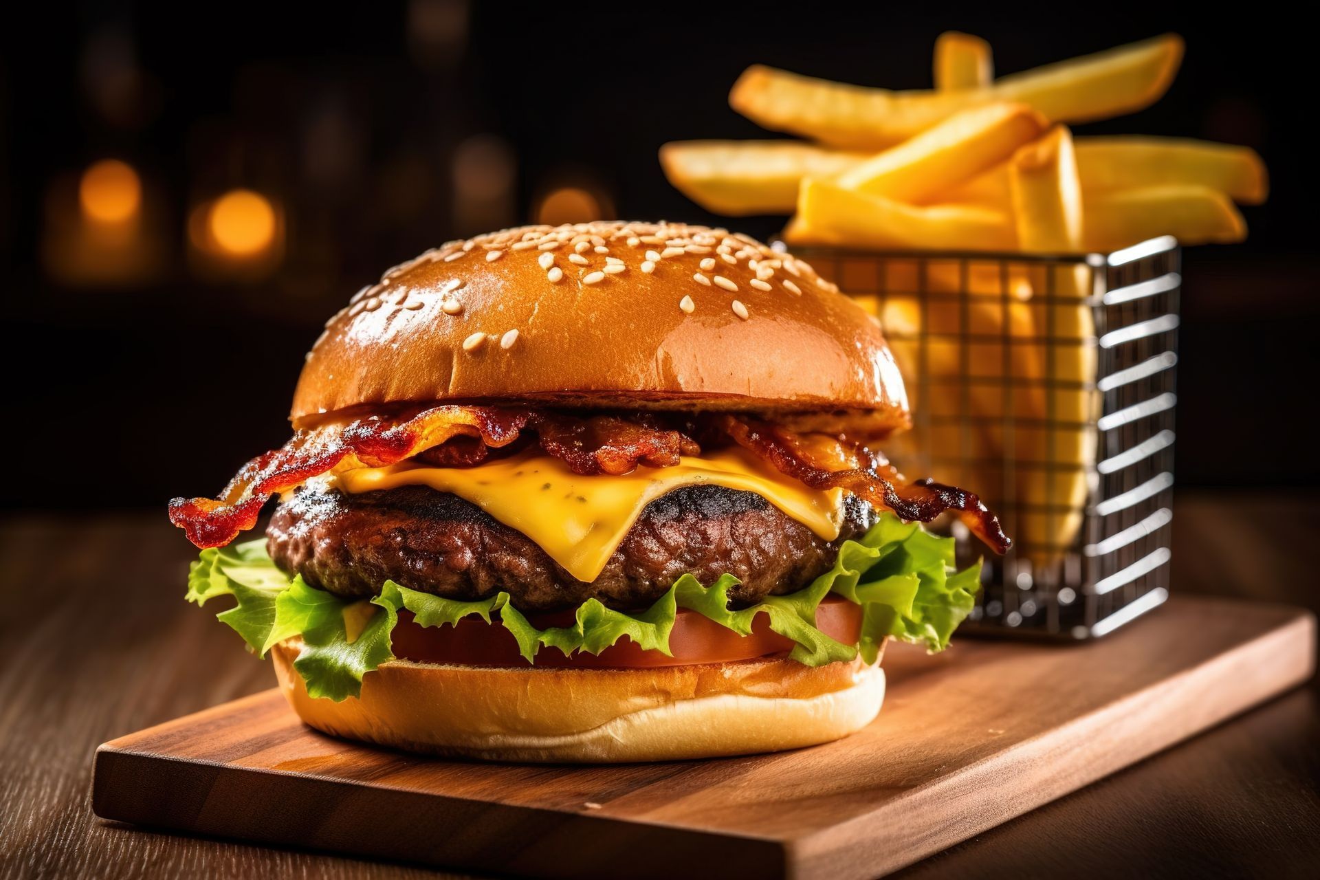 Stock photo of a beef burger & chips