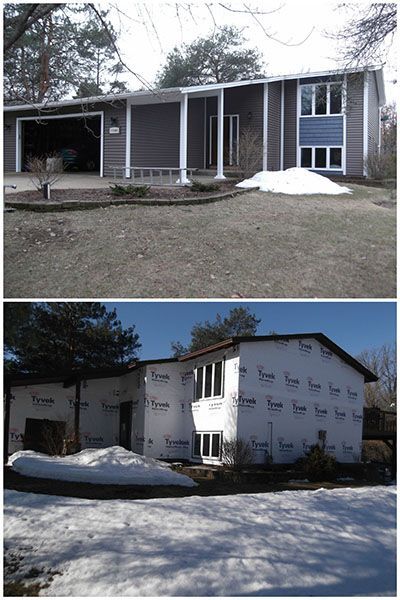 Top: House with gray siding and blue accent, snow on ground. Bottom: House covered in Tyvek wrap, construction in progress.