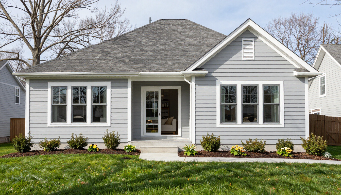 Gray single-story house with white trim, front porch, and green lawn