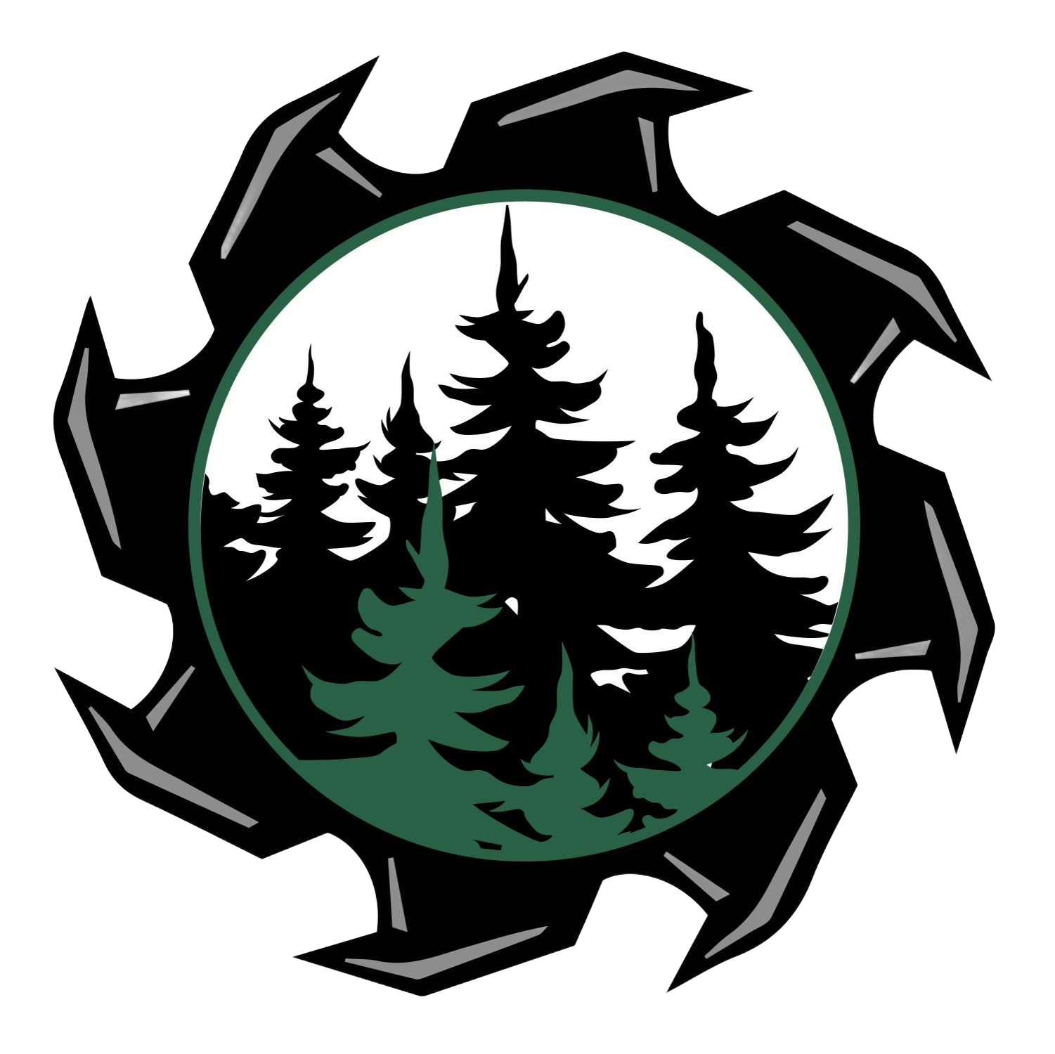 Saw blade surrounds a circle with silhouettes of pine trees in green and black.