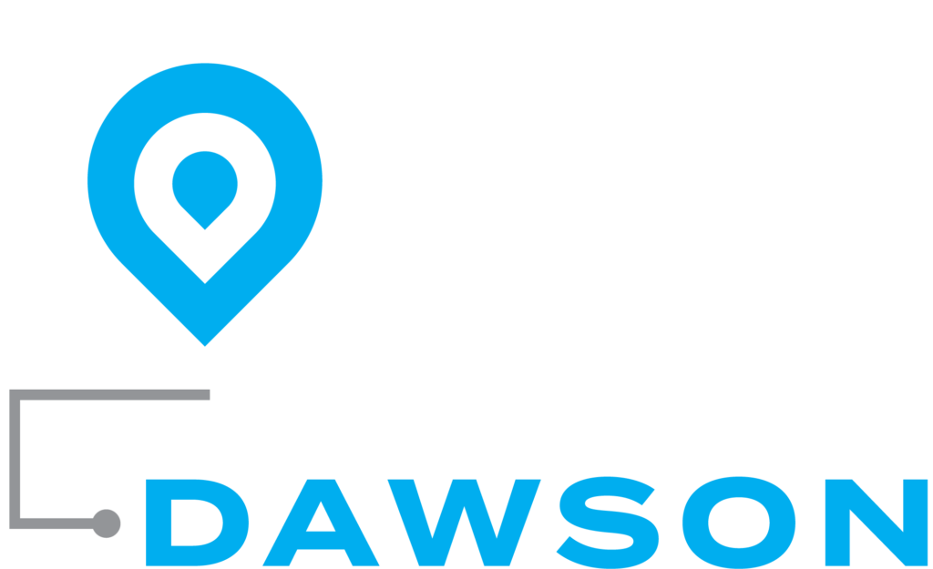 A blue and white logo for a company called dawson.