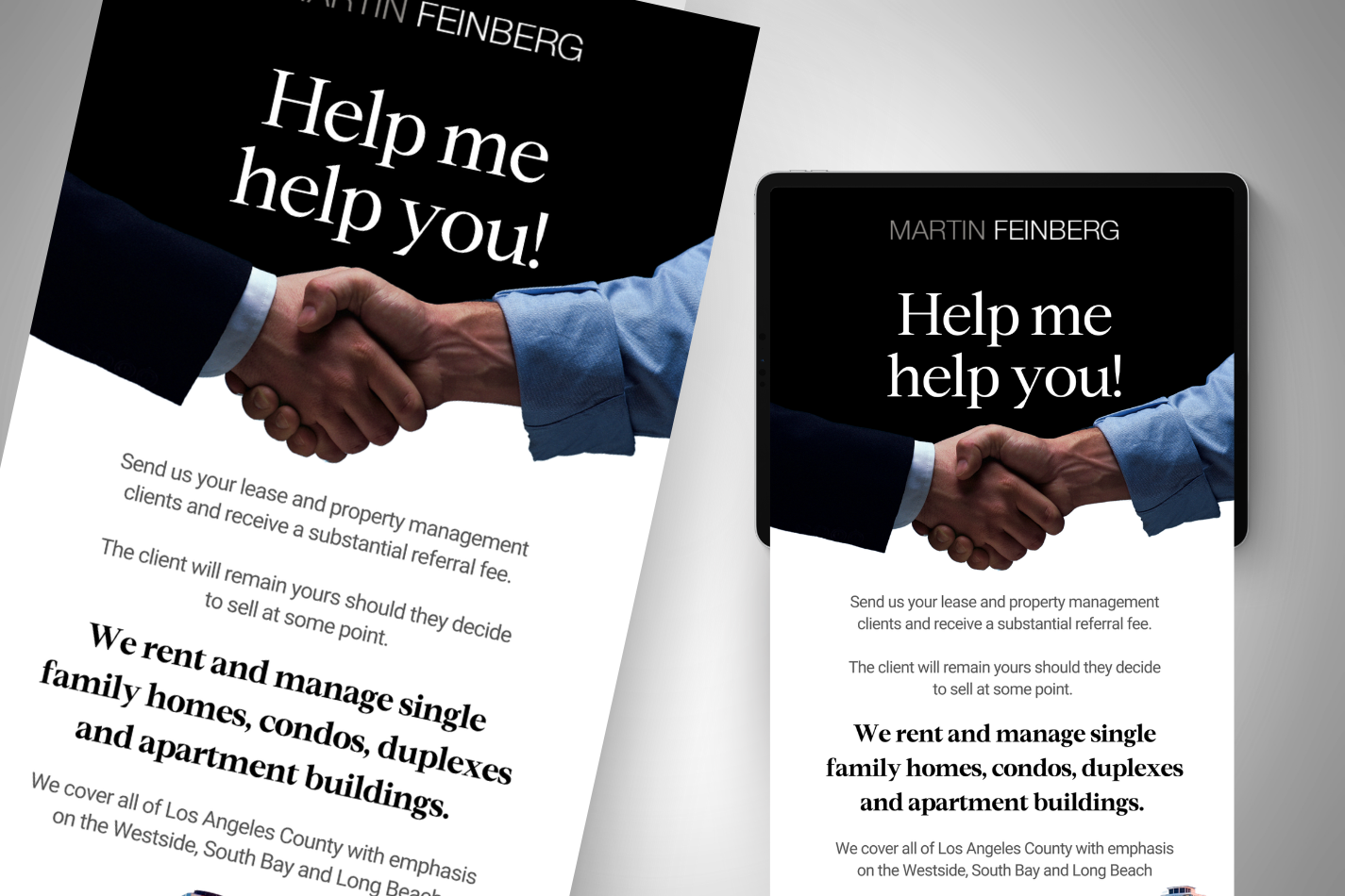 A help me help you flyer with two people shaking hands