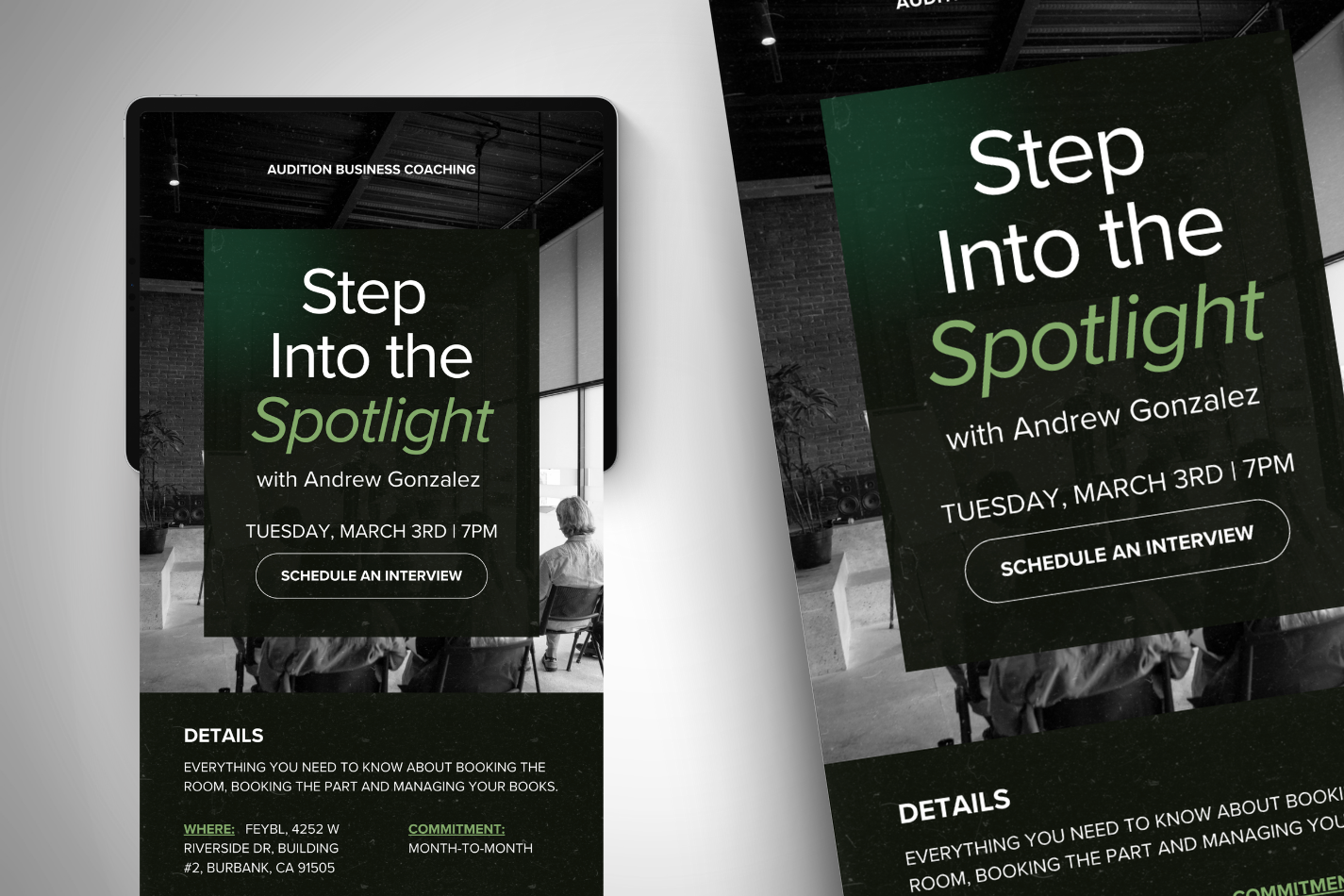 Step into the spotlight is written on a green sign