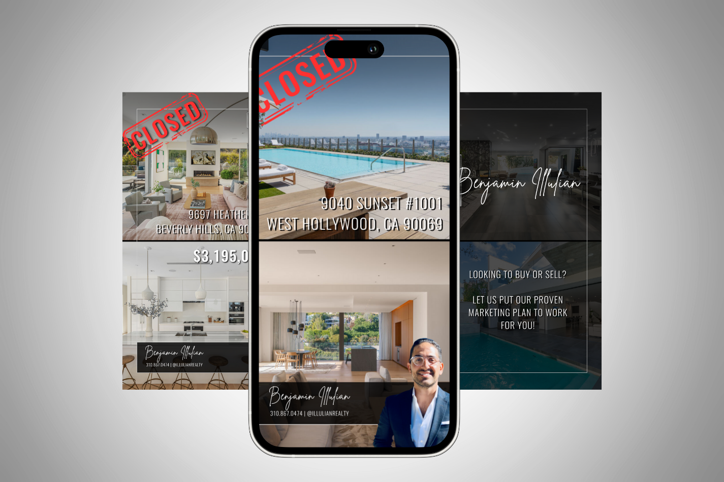 A man is sitting in front of a cell phone with a picture of a house on it.
