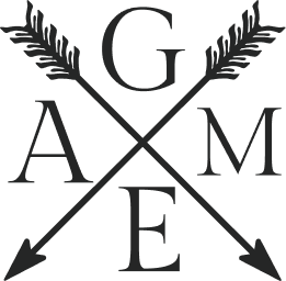 A black and white logo with the letters g a m and e crossed