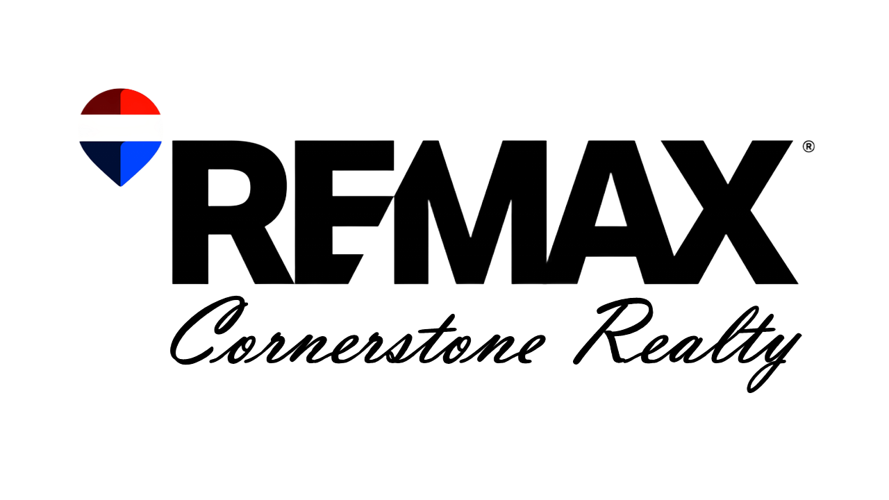REMAX Cornerstone Realty logo in black, red, and blue on a white background