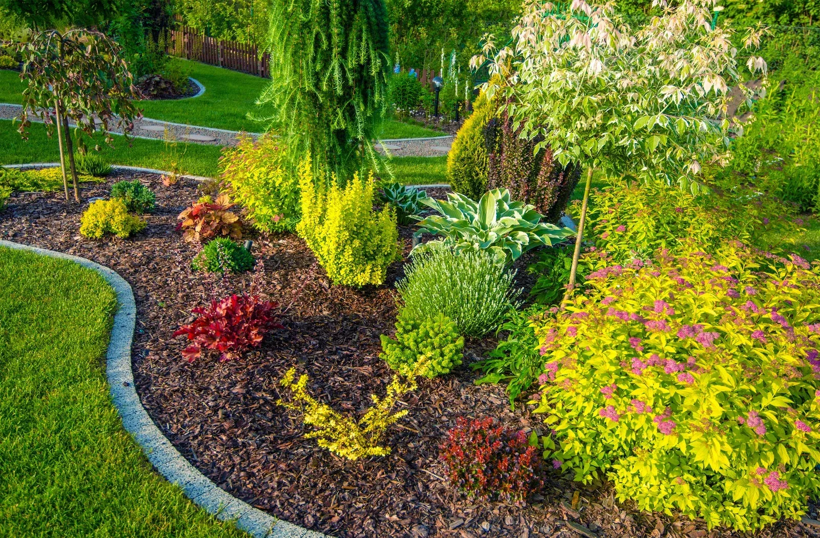 Colorful garden bed with various plants and mulch, bordered by a stone edge and lawn.