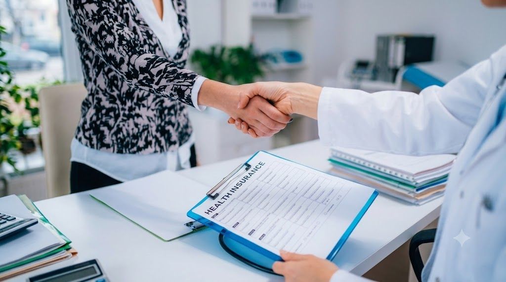 Two people shake hands across a desk with paperwork and a clipboard in a bright office.
