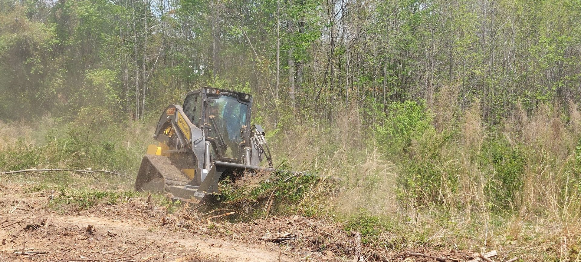 A skid steer clearing brush in a field near a tree line.