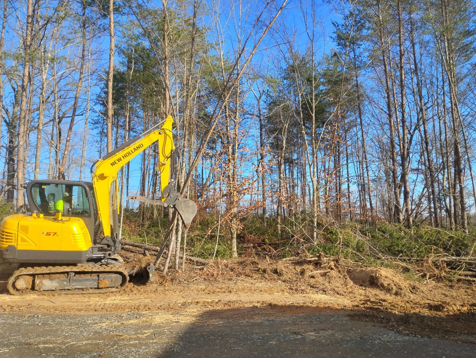 Yellow excavator clearing land near a line of trees on a sunny day.