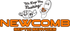 Logo for Newcomb Septic Services: a truck, toilet, and toilet paper with the company's name and phone number.