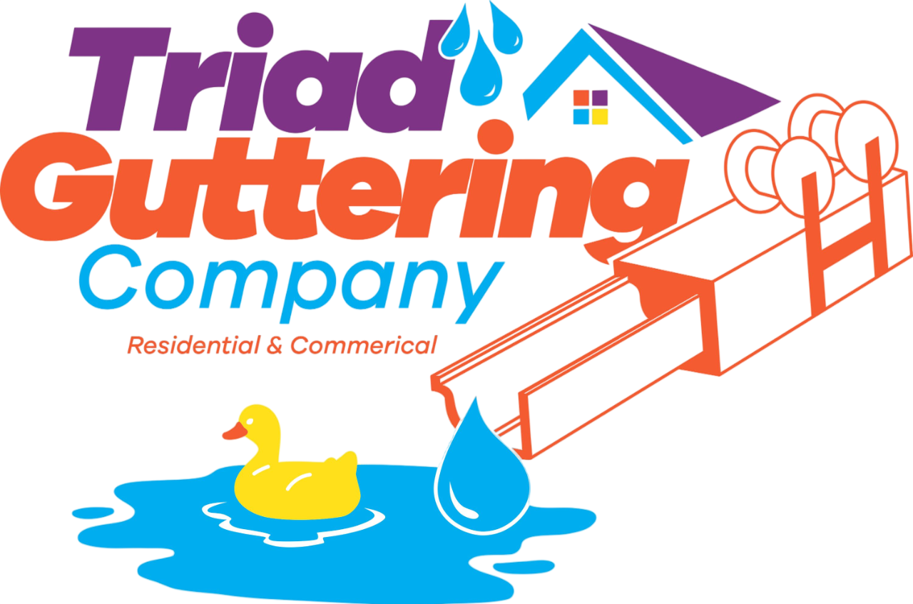 Triad Guttering Company logo: Text, house, water drops, gutter, duck in puddle.