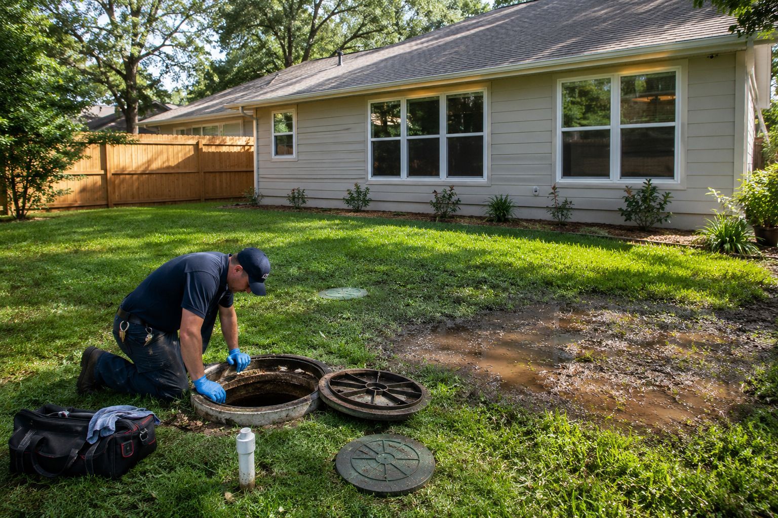 Worker kneels on a lawn fixing sprinkler heads in front of a house.