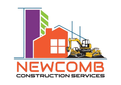 Logo for Newcomb Construction Services: orange house, yellow construction vehicles, purple and green building, blue lines.