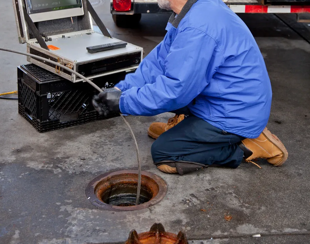 Person cleaning a sewer access point with cones for safety.