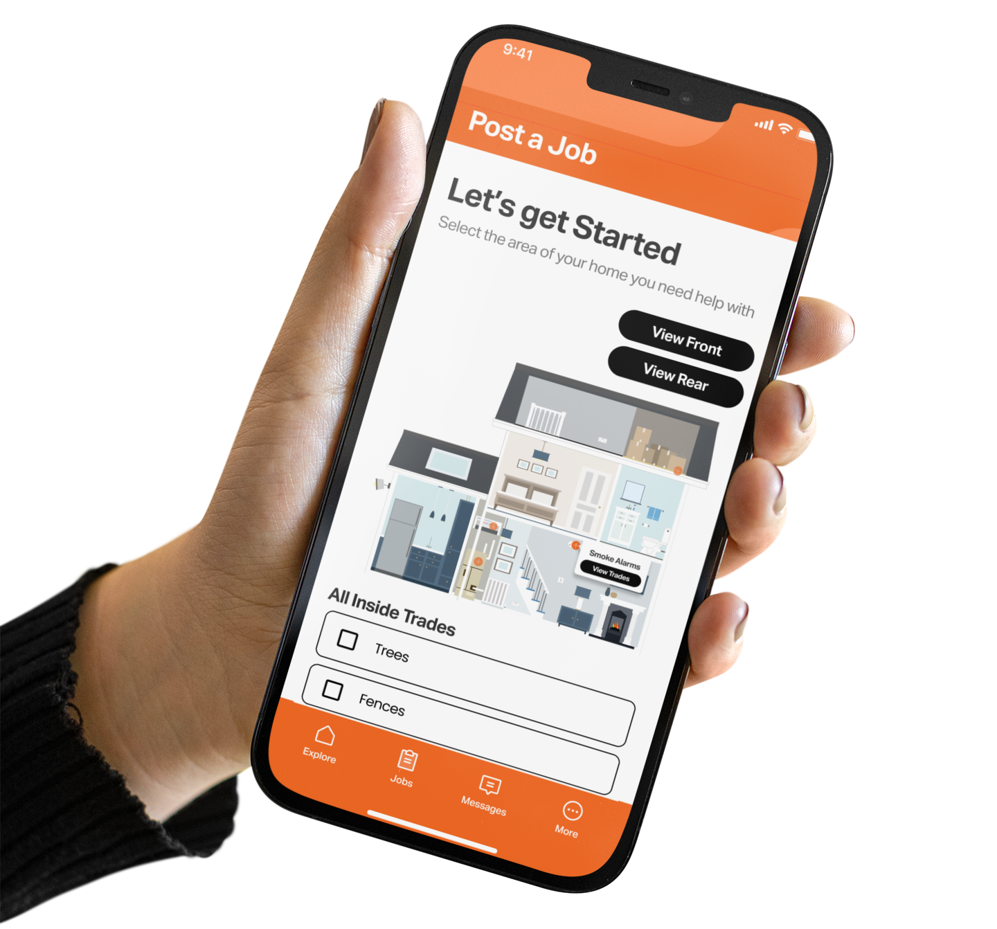 A person is holding a cell phone with a post a job app on it.