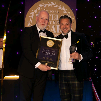 Handover! Scottish Hotelier of the Year 2023/24, Stephen Davies of Culloden House, Inverness, passes the title to Kai Winkler of Fairmont St Andrews