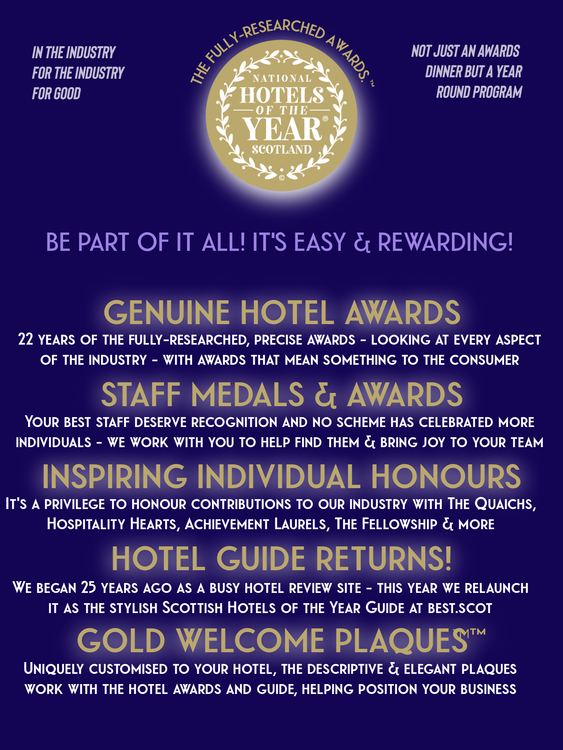 23rd National Awards for Scotland's Hotels, Staff and Leadership
23mh Duaisean Nàiseanta Taigh-òsta, Luchd-obrach & Ceannardas na h-Alba
