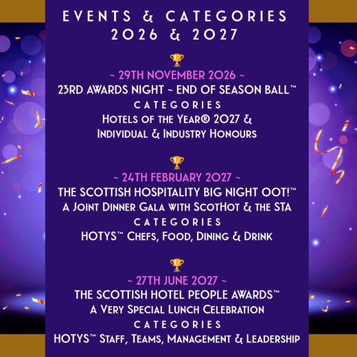 Scottish Hotels of the Year 23rd Awards Night on 29th November 2026 plus the next 2 scheduled 2027 HOTYS events