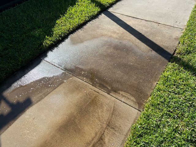 Concrete sidewalk with water stains and grass on both sides.