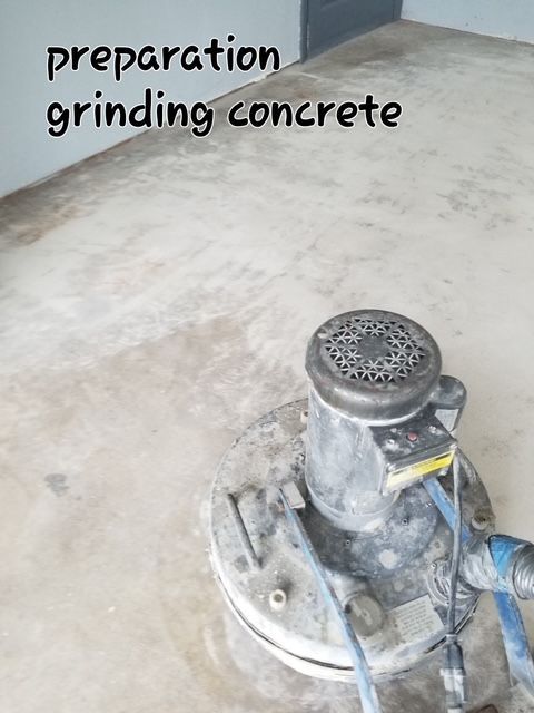 A concrete floor being ground by a machine; the text says 