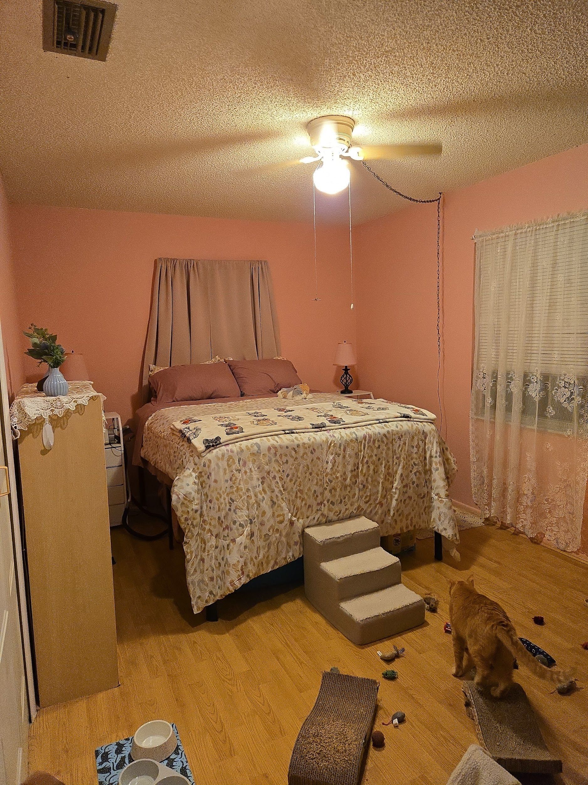 A bedroom with a bed , stairs , and a dog.