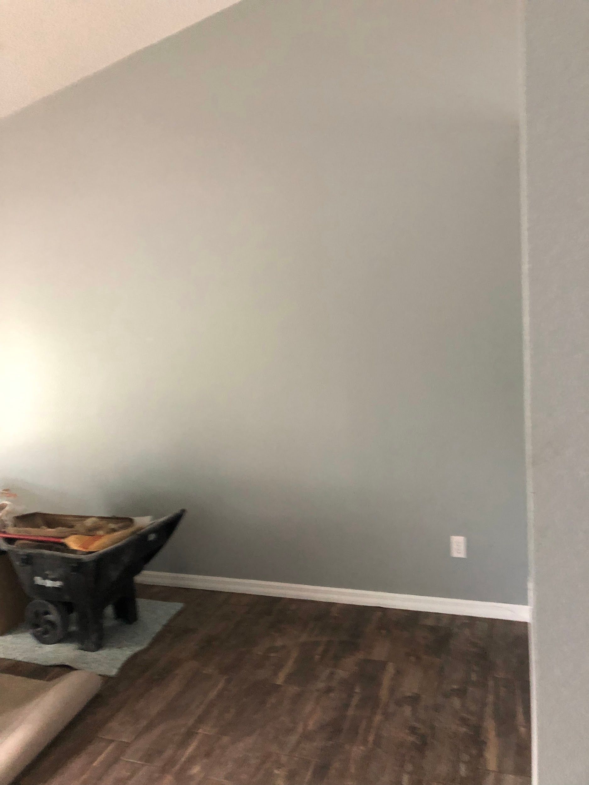 A living room with a gray wall and a wooden floor.