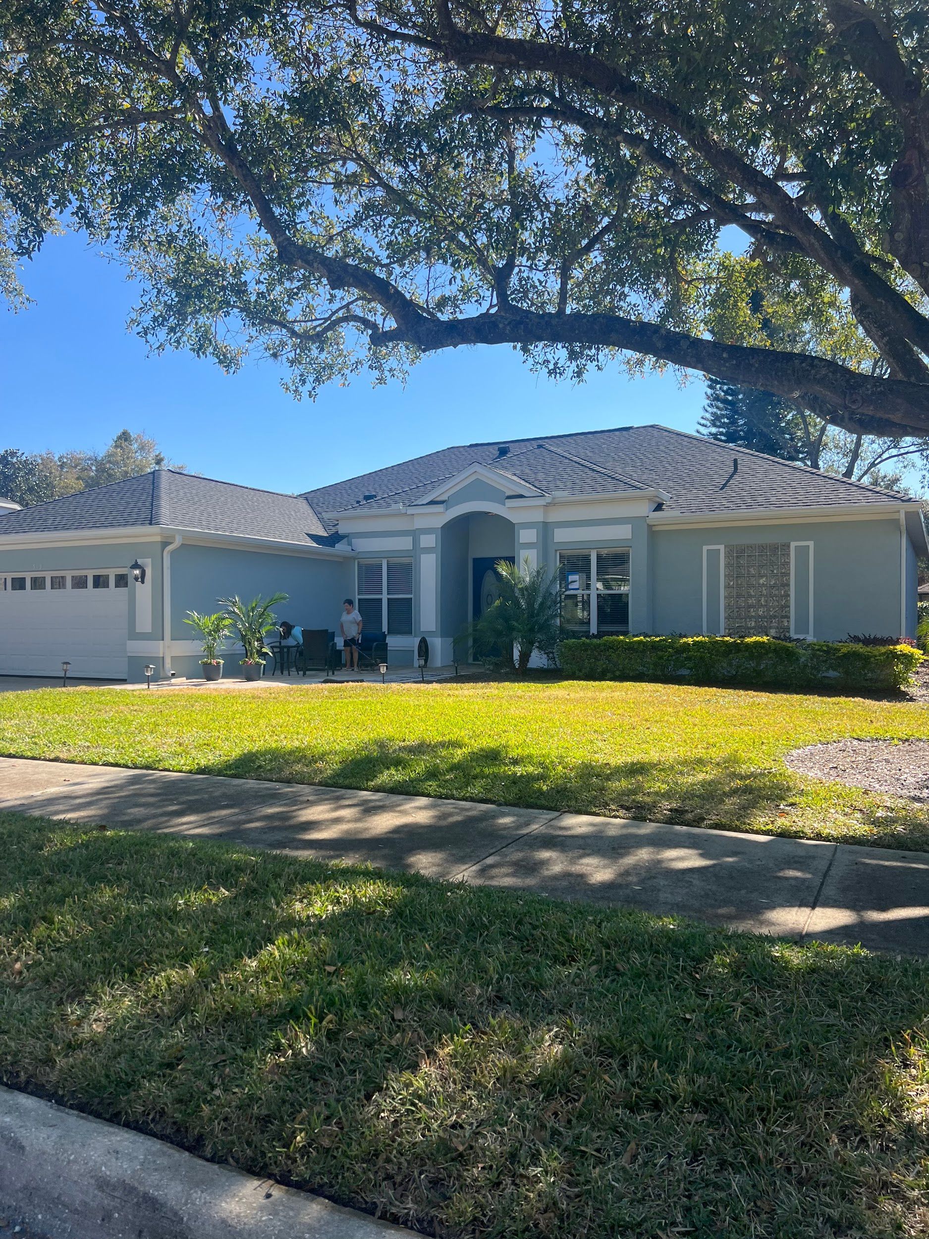 A house with a large lawn and a tree in front of it.