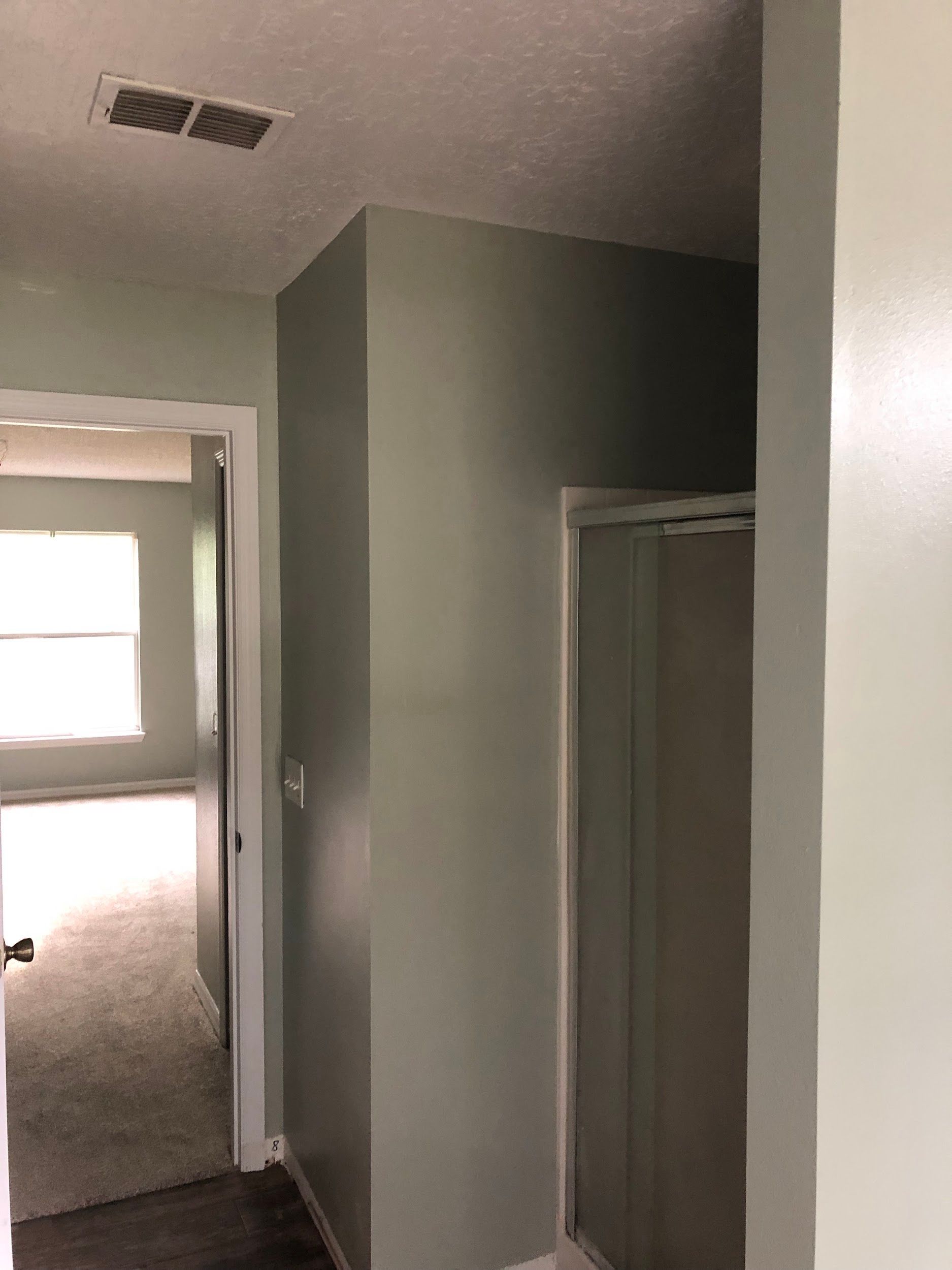 A hallway in a house with a shower and a window.