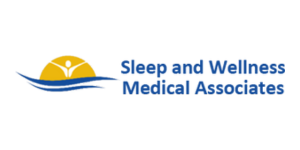 Sleep and Wellness Medical Associates logo with blue text and yellow sun over blue waves