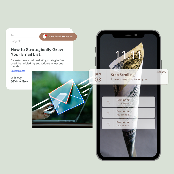 Email marketing website and smartphone mockup showing a “Stop Scrolling” app screen.