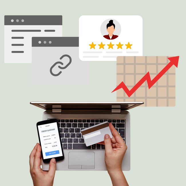Online shopping concept with laptop, smartphone, credit card, rating stars, and rising sales graph