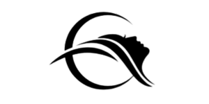 Abstract black logo with a circular swoosh and flowing curved lines on a white background