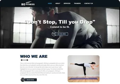 Fitness website homepage with motivational banner and yoga pose section