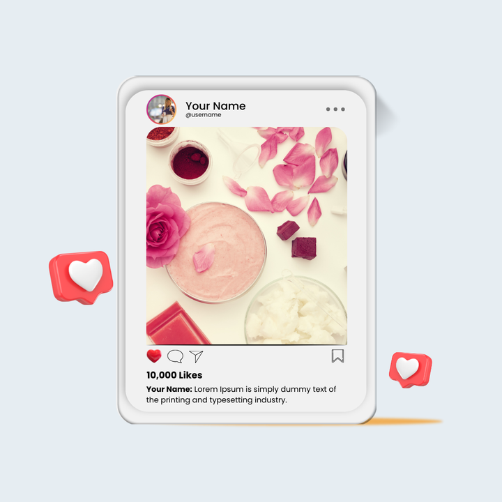 Pastel social media post mockup with pink desserts and floating heart icons on a light background
