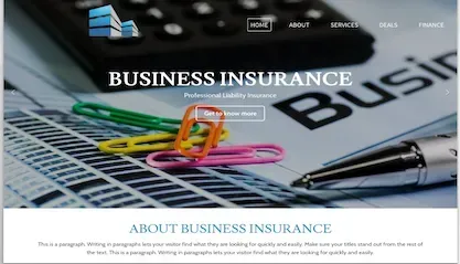 Business insurance website homepage with laptop, pen, glasses, and calculator on desk