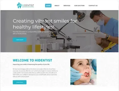 Dental clinic website homepage with a smiling child and dentist working in a clean, modern office