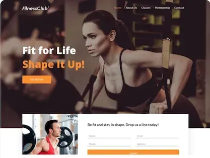 Fitness club landing page with “Fit for Life, Shape It Up!” and workout signup form