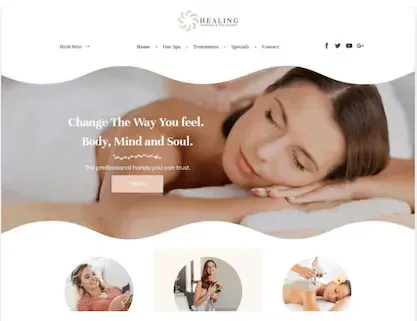 Spa website homepage with relaxing massage banner and service icons